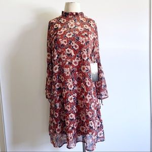 Ruffle high collar floral shift bohemian dress